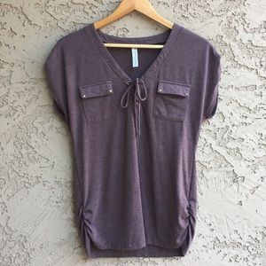 Short Sleeve Tie V-Neck Rouching Details Top Brown